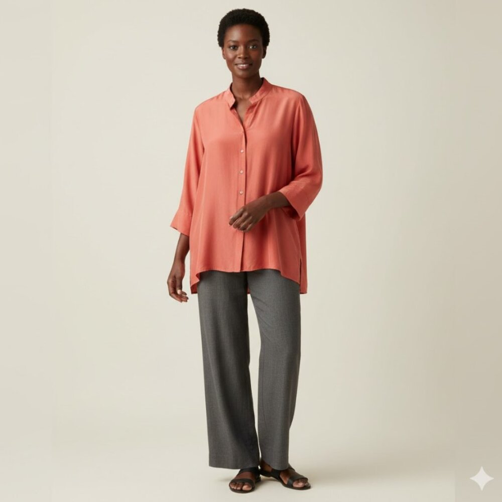 Eileen Fisher Coral Silk Button-Front Blouse